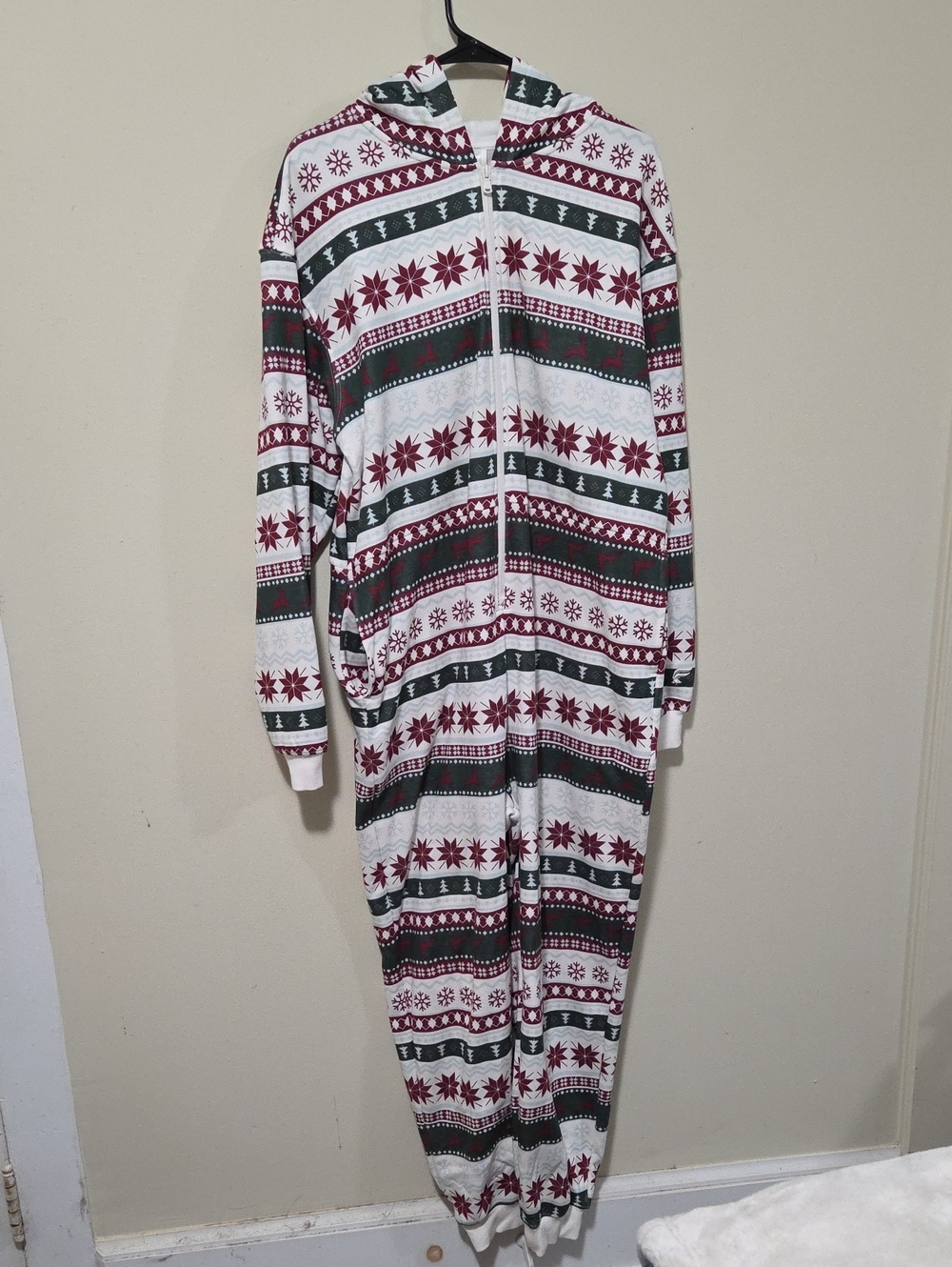 Fabletics Holiday Fair Isle Zip Onesie in White, Green & Burgundy